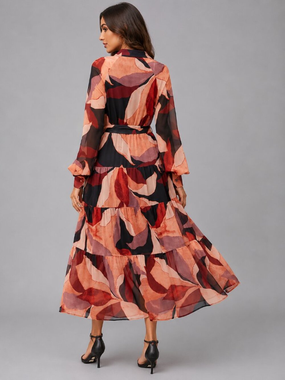 Women's Belted Floral Maxi Dress Long Sleeve Button Down Tiered Boho Flowy - Picture 2 of 4